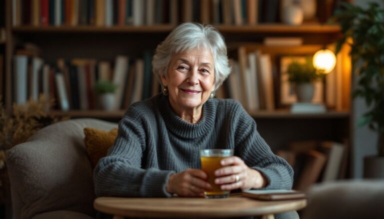 a woman holding a glass of liquid