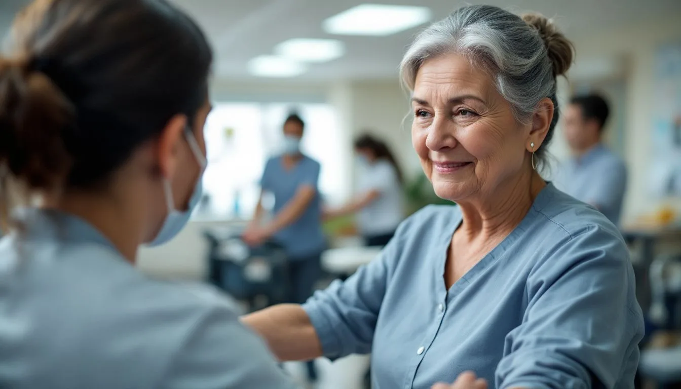 Elderly woman in physical therapy session at rehabilitation center after stroke. Elderly woman in physical therapy session at rehabilitation center after stroke.