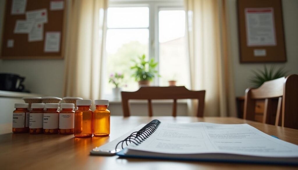A Cluttered Kitchen Table With Medication Bottles, Care Plans, And Dementia Caregiver Support Materials. a cluttered kitchen table with medication bottles, care plans, and dementia caregiver support materials.