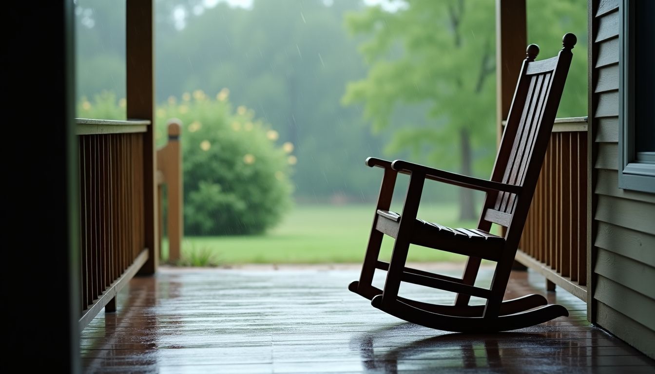 An empty rocking chair on a rainy front porch.