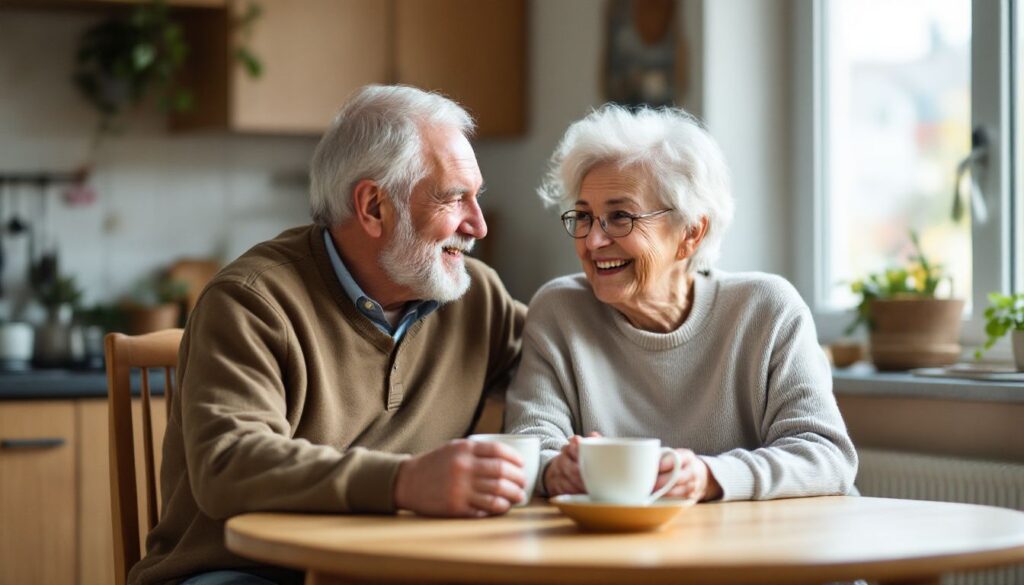 Elderly Couple Enjoying Coffee And Conversation At Kitchen Table. elderly couple enjoying coffee and conversation at kitchen table.
