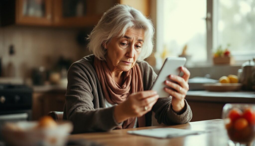 An Older Woman Searches For Her Lost Reading Glasses In Her Kitchen. an older woman searches for her lost reading glasses in her kitchen.