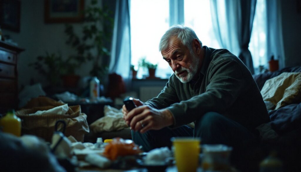 An Elderly Man Is Searching For His Car Keys In A Messy Living Room. an elderly man is searching for his car keys in a messy living room.