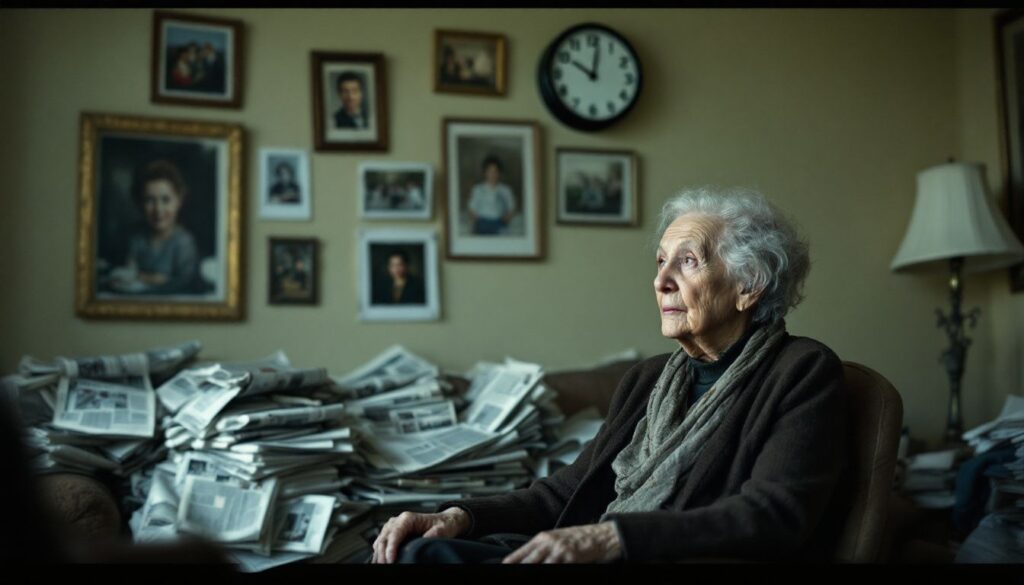 An Elderly Woman Sits In A Cluttered Living Room, Gazing At Old Photos. an elderly woman sits in a cluttered living room, gazing at old photos.