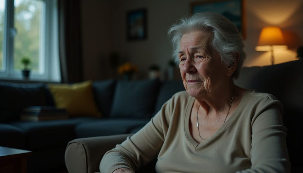 elderly woman in discomfort needs additional support or care.