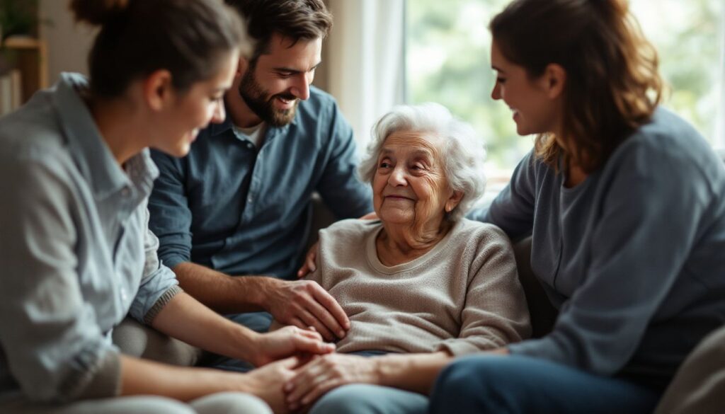 an elderly woman receives hospice care surrounded by family at home.