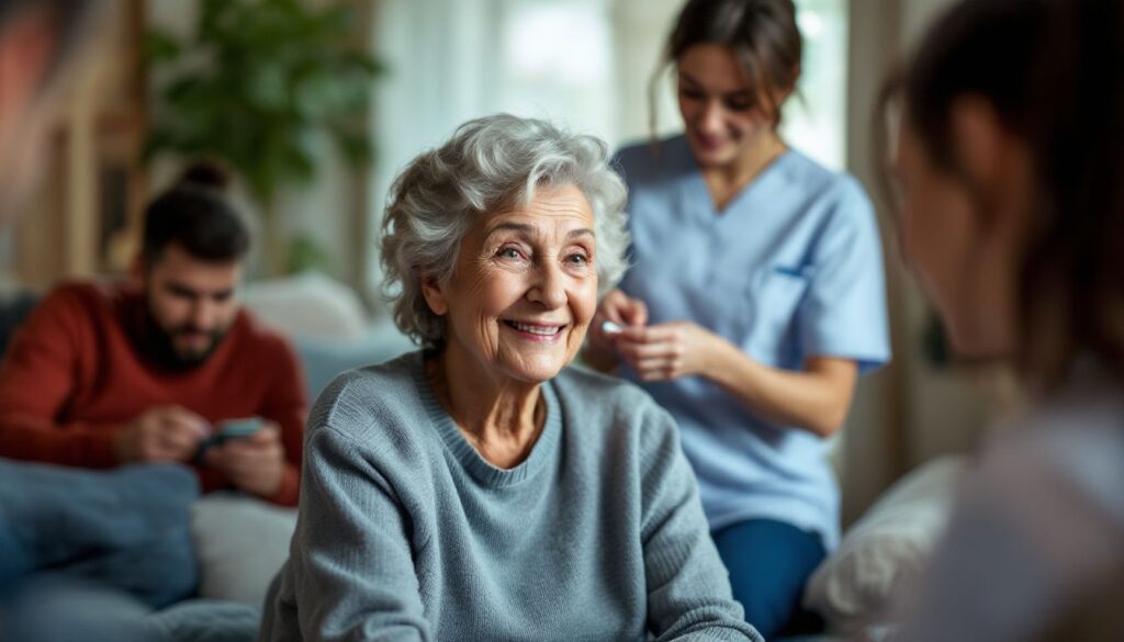 an elderly woman surrounded by family receives care from a nurse.
