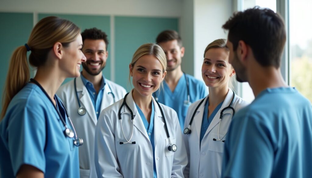 a diverse group of medical professionals working together in a hospital to care for a pa