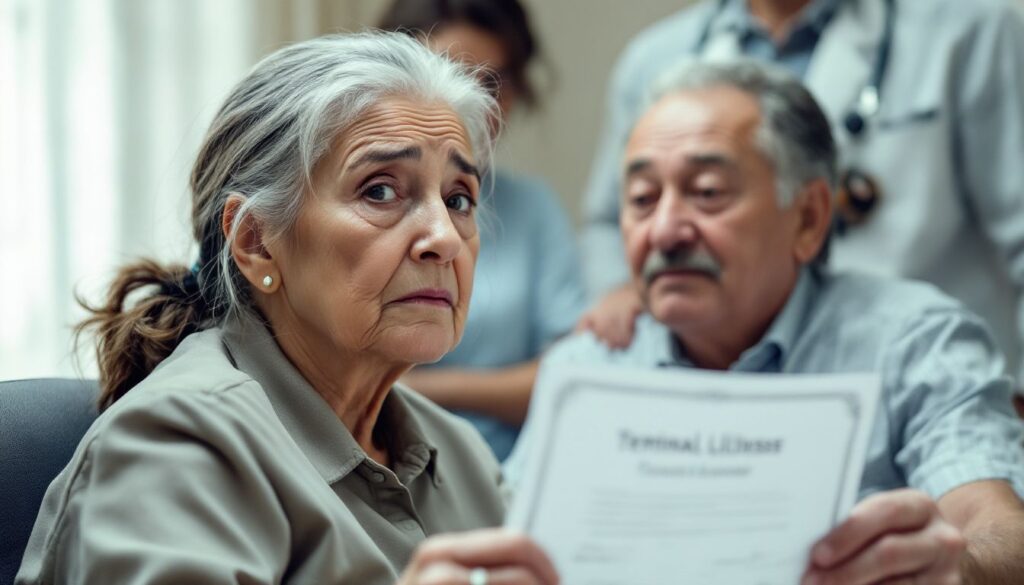 elderly woman receiving terminal illness diagnosis with family support.