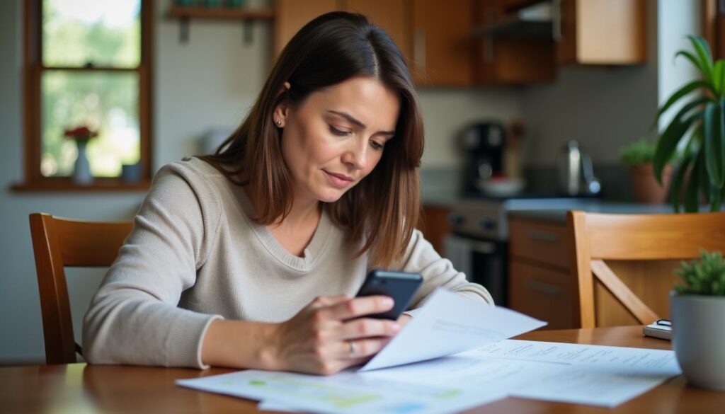 a woman reviewing hospice care paperwork at a kitchen table.