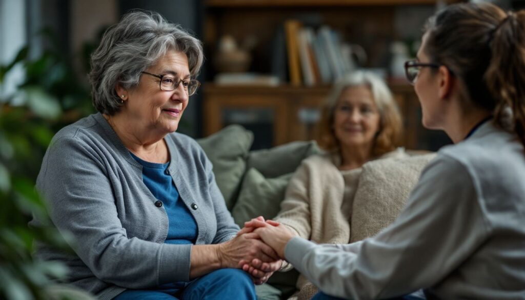 the image shows a woman discussing palliative and hospice care with a healthcare professional.