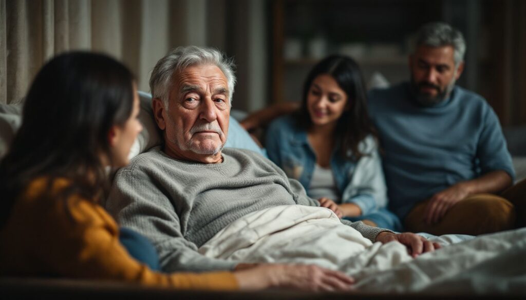 an elderly man sits on a bed in a hospice room surrounded by supportive family members.
