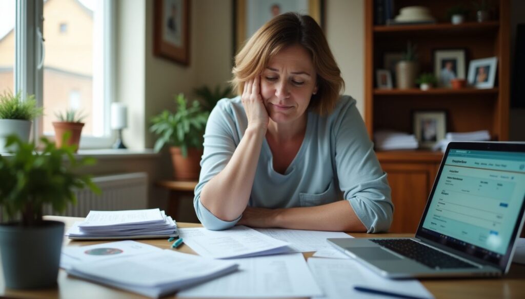a woman sits at a cluttered table, stressed about healthcare costs.