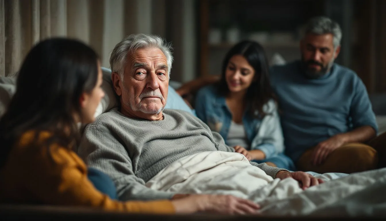 An elderly man sits on a bed in a hospice room surrounded by supportive family members. An elderly man sits on a bed in a hospice room surrounded by supportive family members.