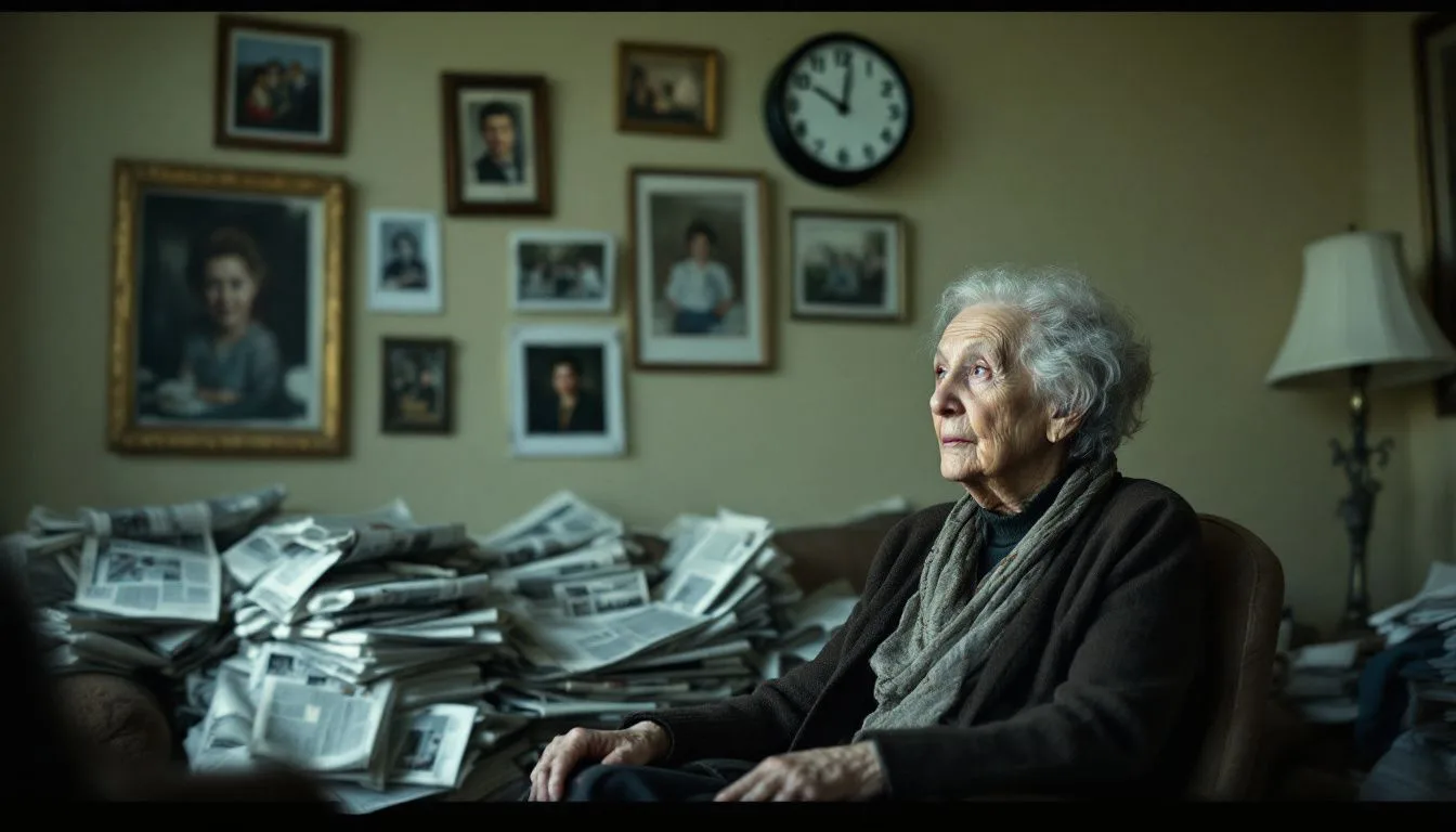 An elderly woman sits in a cluttered living room, gazing at old photos. An elderly woman sits in a cluttered living room, gazing at old photos.